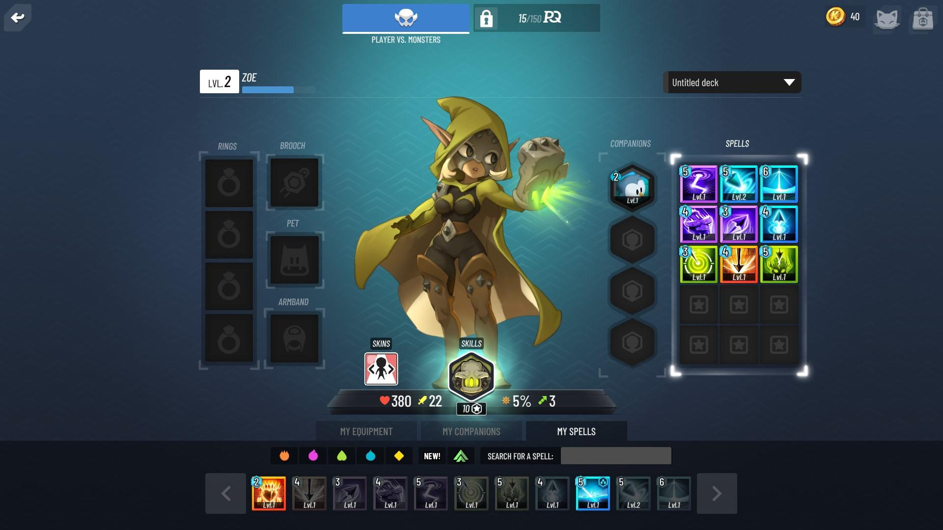 'Waven' Hero menu showing accessories, spell deck, and hero skills.