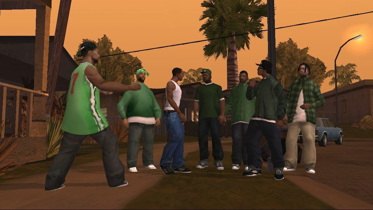 Screenshot of CJ and gang bangers in 'GTA: San Andreas.'