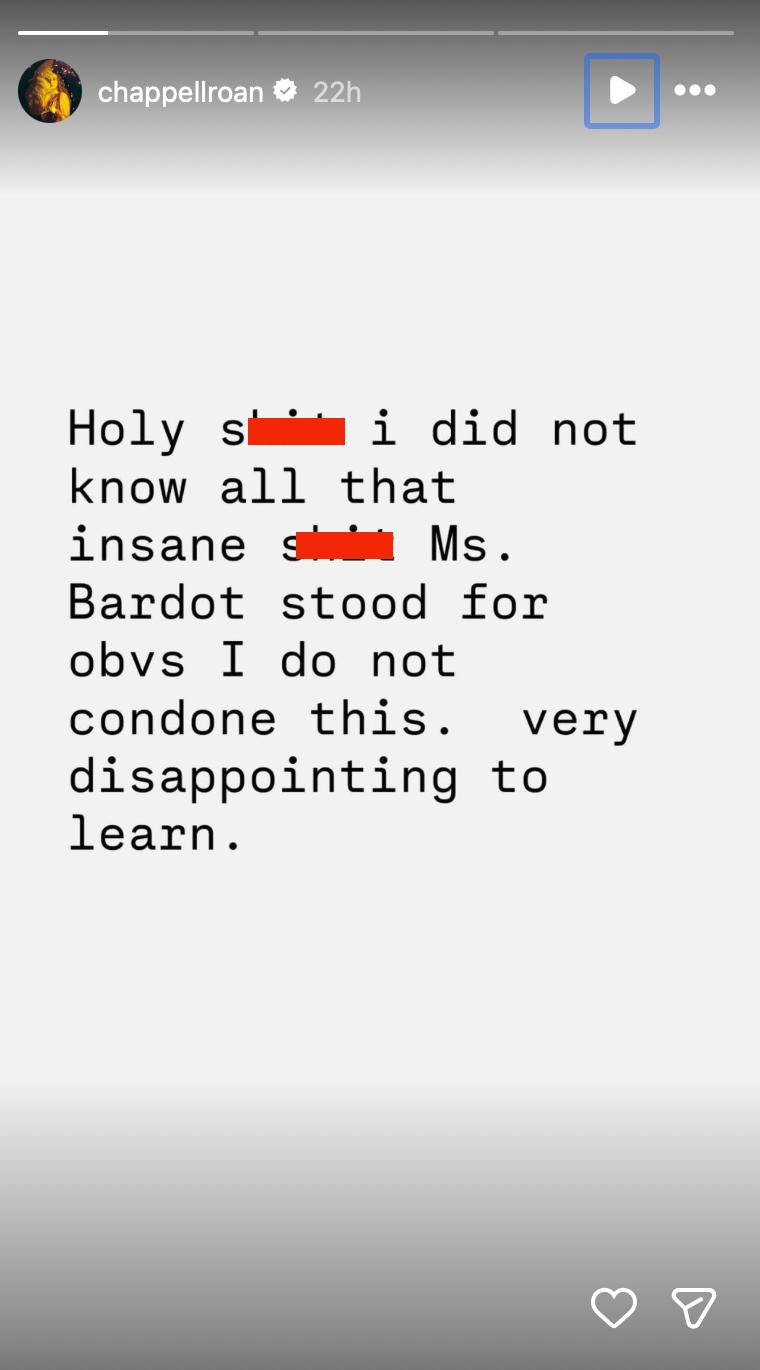 Chappel Roan's Instagram post about Brigitte Bardot.