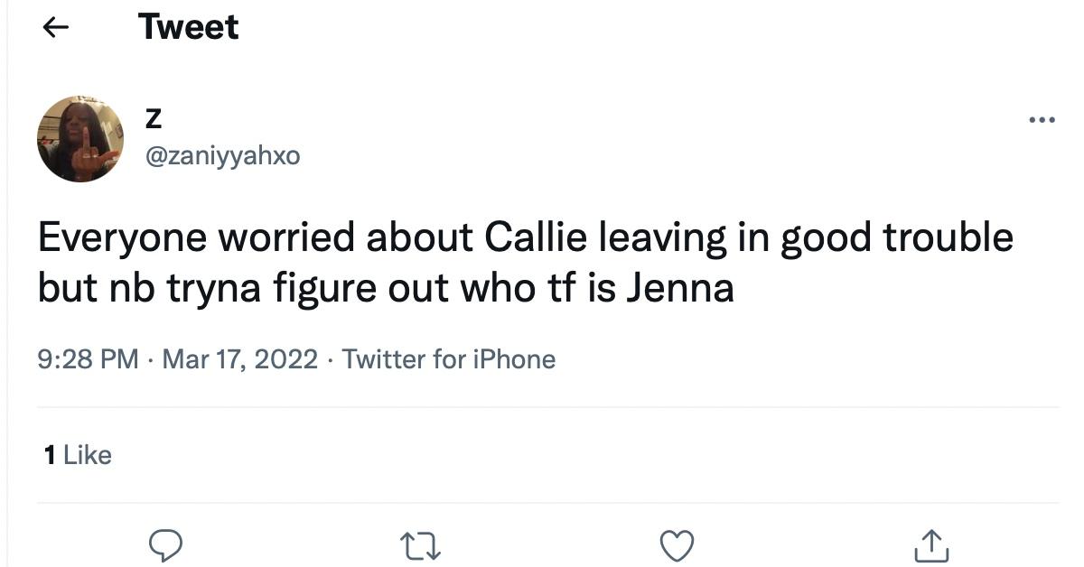 A tweet about Jenna, a character who might appear in 'Good Trouble'