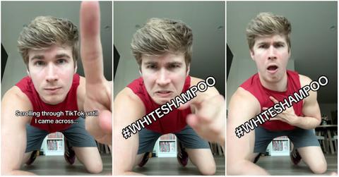 TikToker pretends to scroll over to "white shampoo" content.