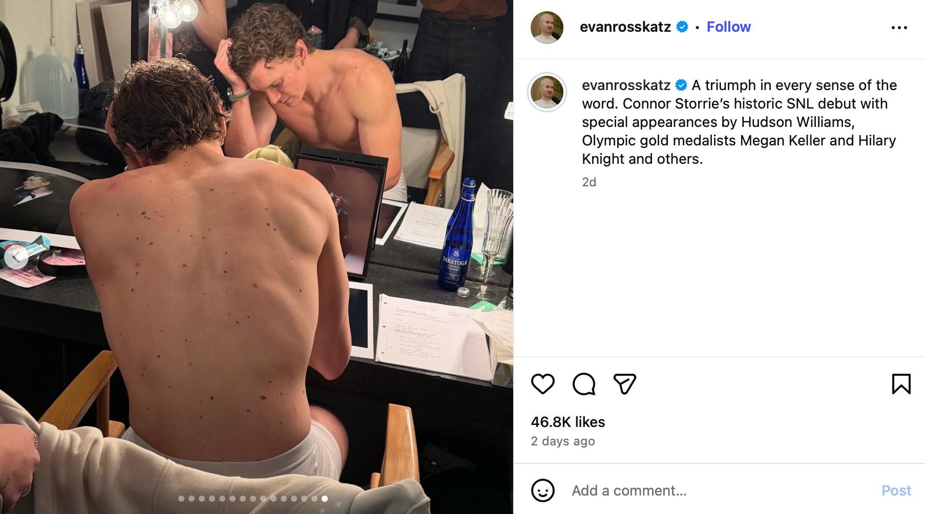 Evan Ross Katz shares a photo of Connor Storrie in a dressing room.