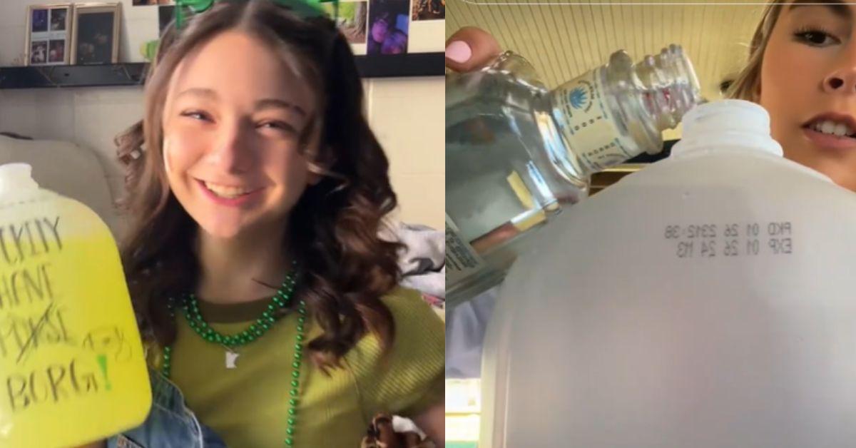 A girl holding a green borg; A girl poring alcohol into a gallon jug