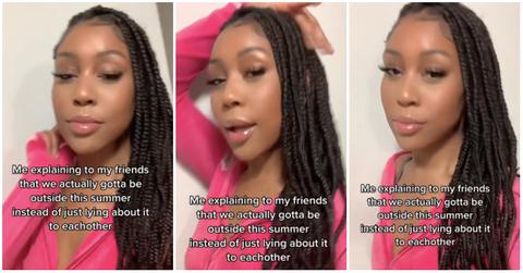 Woman in pink hoodie does you got to get on your zoom trend