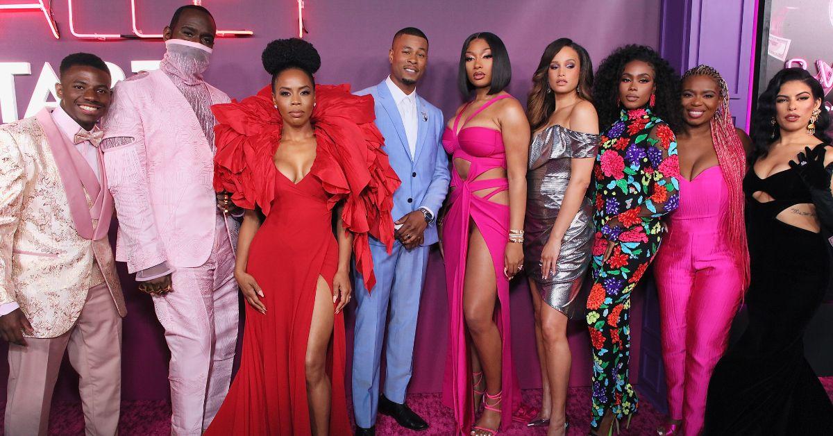 (l-r): cast members  Brandin Gilpin, Nicco Annan, Brandee Evans, J. Alphonse Nicholson, Megan Thee Stallion, Elarica Johnson, Shannon Thornton, Katori Hall and Psalms Salazar attending the 'P-Valley' premiere