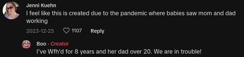 Comments on viral video of mom explaining that her baby's bouncer toy is like a baby's first cubicle.