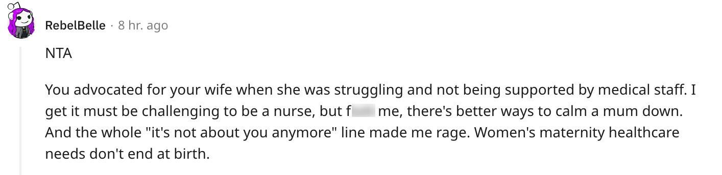 A user commented in support of the husband who yelled at a rude nurse