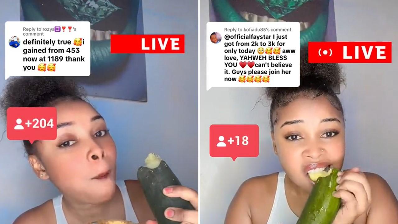 A woman holds a cucumber on Live while on TikTok to get more viewers 