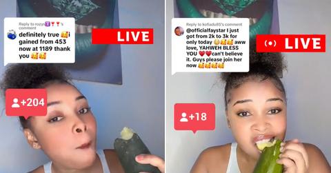 A woman holds a cucumber on Live while on TikTok to get more viewers