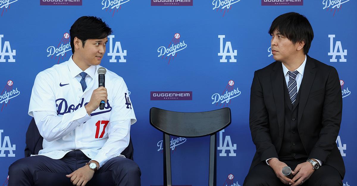 Shohei Ohtani answers questions and Ippei Mizuhara translates during the Shohei Ohtani Los Angeles Dodgers Press Conference at Dodger Stadium on Thursday, December 14, 2023 in Los Angeles, California. (Photo by Rob Leiter/MLB Photos via Getty Images)