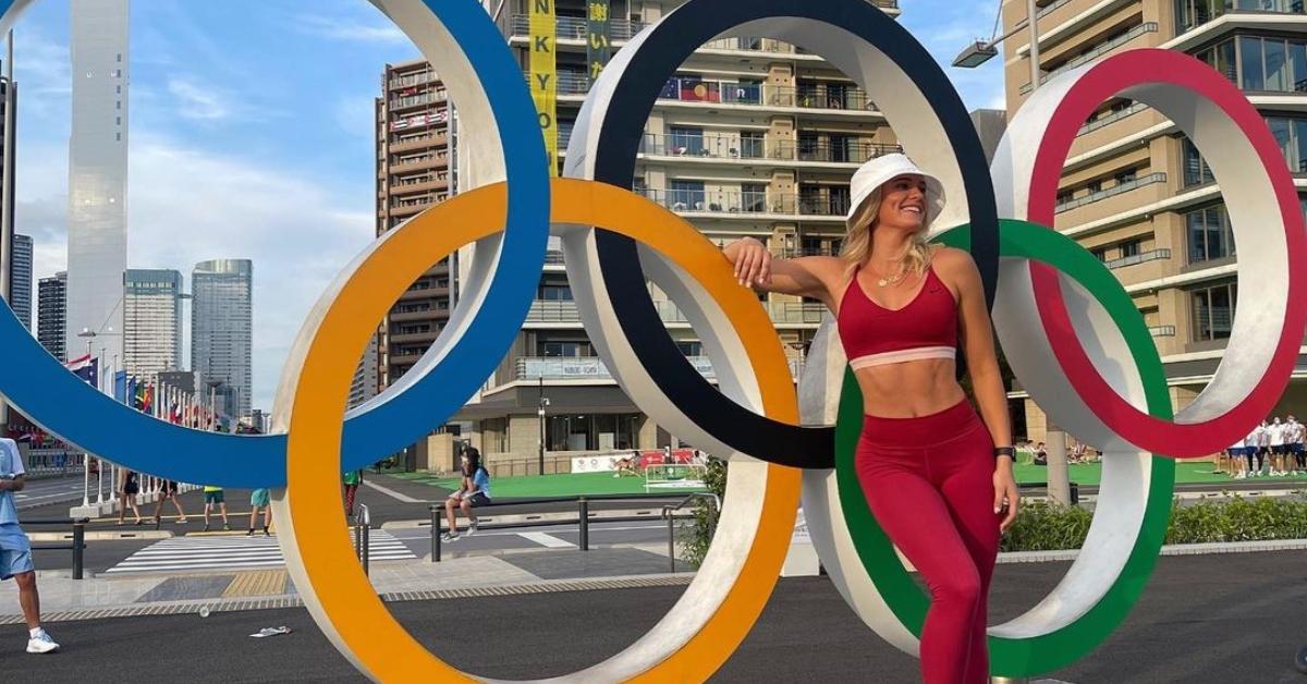 Alysha Newman in front of the Olympic rings