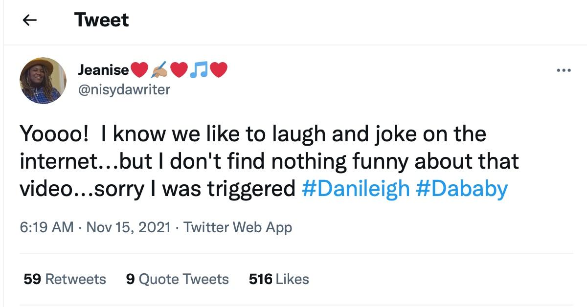 A tweet about the recent fight between DaBaby and DaniLeigh