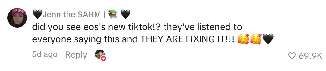 Comment on TikTok about EOS's flawed lotion bottles that cause product to go to waste.