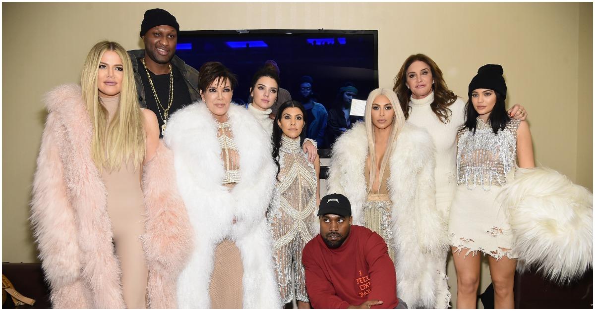 (l-r): Khloe Kardashian, Lamar Odom, Kris Jenner, Kendall Jenner, Kourtney Kardashian, Kanye West, Kim Kardashian, Caitlyn Jenner and Kylie Jenner attend Kanye West 