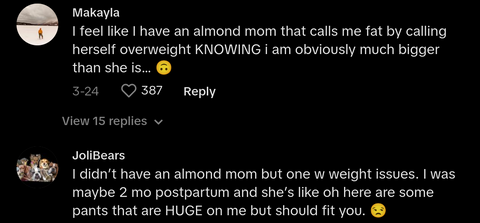 almond mom tiktok comments - woman gets scale gift from almond mom 4 months postpartum