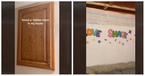 A woman found a hidden room behind a cabinet in her house.