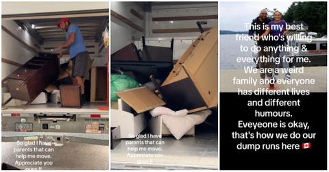 parents throw furniture in moving van
