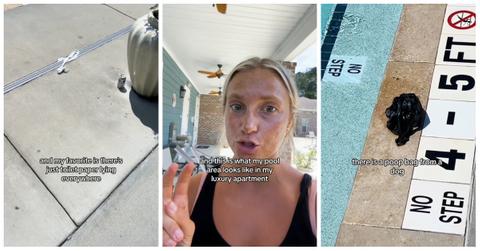 TikTok user @missfirment shows off the disgusting pool area at her "luxury" apartment complex.