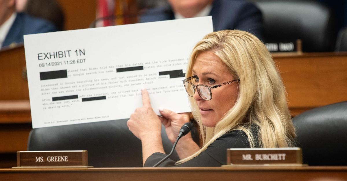 Marjorie Taylor Greene pointing at something