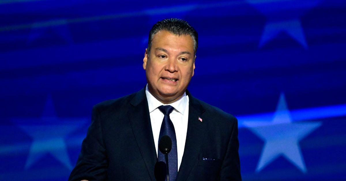 Alex Padilla speaking at the DNC in 2024.