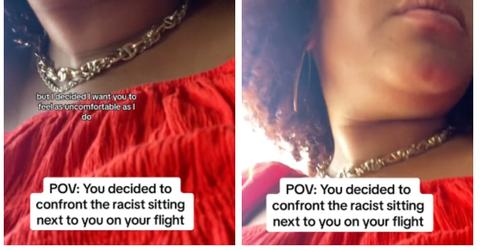 woman confronts racist man texting on flight