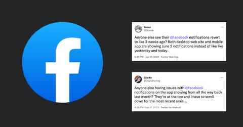 Facebook logo and two tweets about the backward notifications glitch.