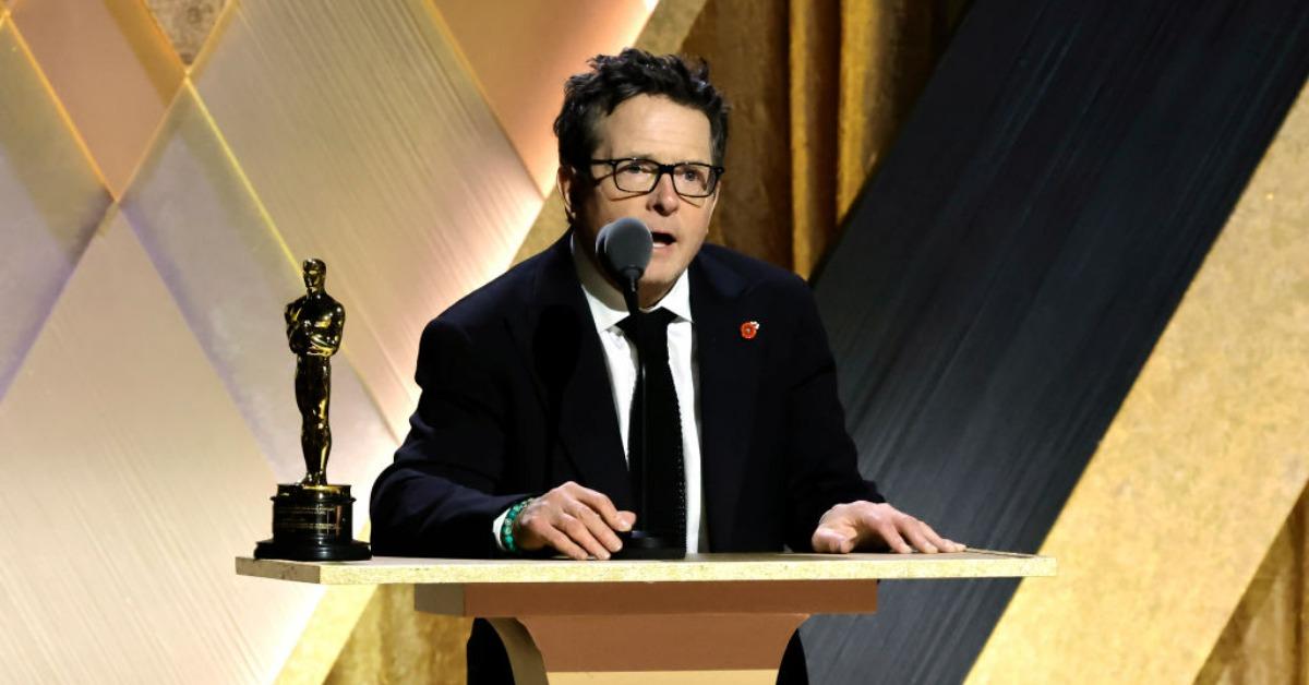 Michael J. Fox accepts the Jean Hersholt Humanitarian Award at the Academy of Motion Picture Arts and Sciences 13th Governors Awards at Fairmont Century Plaza on November 19, 2022 in L.A.