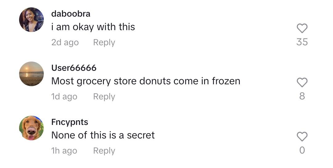 Comments on TikTok video of Walmart employee claiming the store's donuts aren't made fresh.