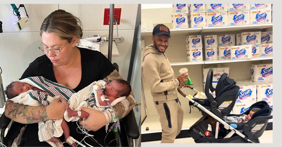 (left) Kailyn Lowry holds twins Verse and Valley (right) Elijah Scott pushes the twins in a double baby stroller, and poses for a photo in a store