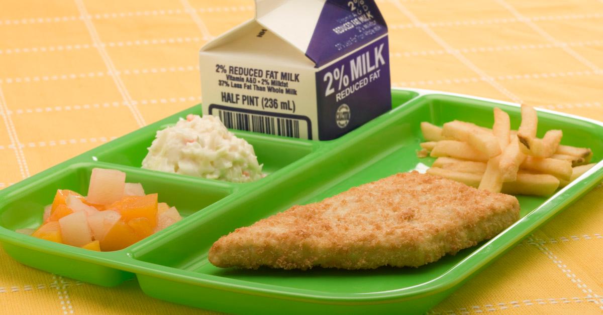 stock image of school lunch tray with milk