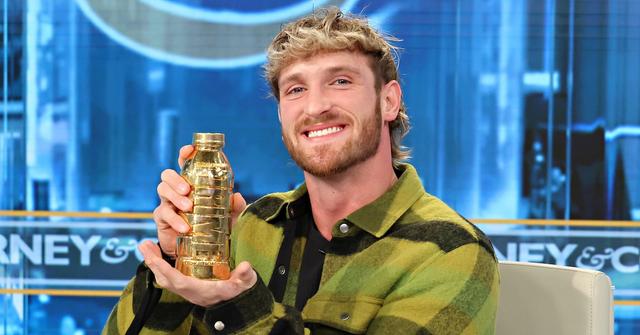 Logan Paul holds up PRIME Hydration bottle on Varney & Co in 2023