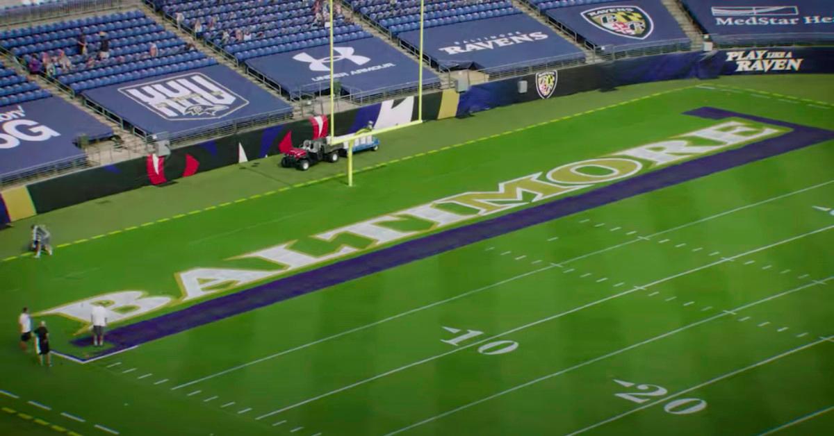 Why Baltimore Ravens' end zone has 'MO' painted in purple 