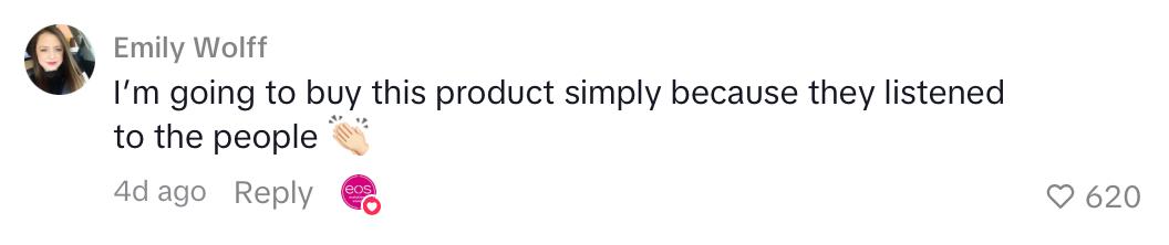 Comment on TikTok where EOS showcases its new bottle design.