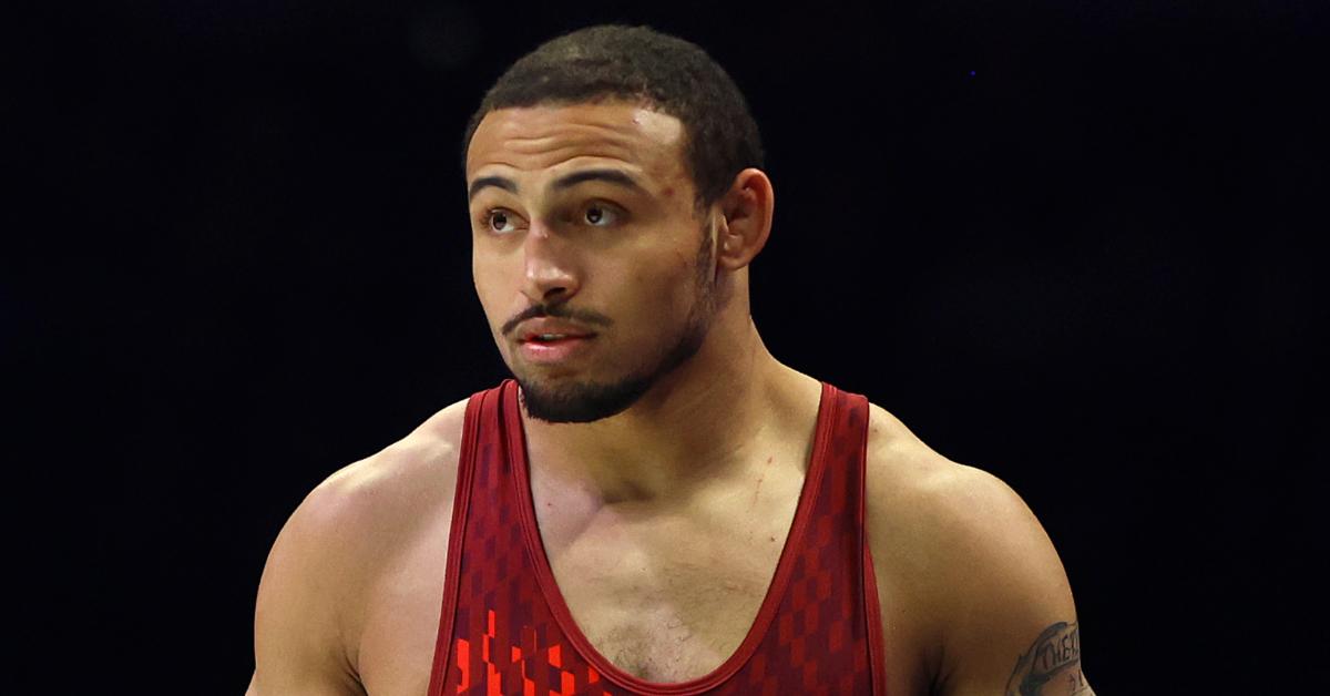 Aaron Brooks is introduced before a bout against David Taylor in the men's freestyle