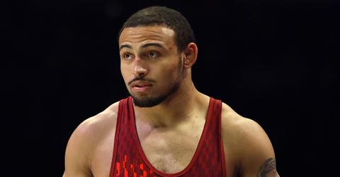 Aaron Brooks is introduced before a bout against David Taylor in the men's freestyle