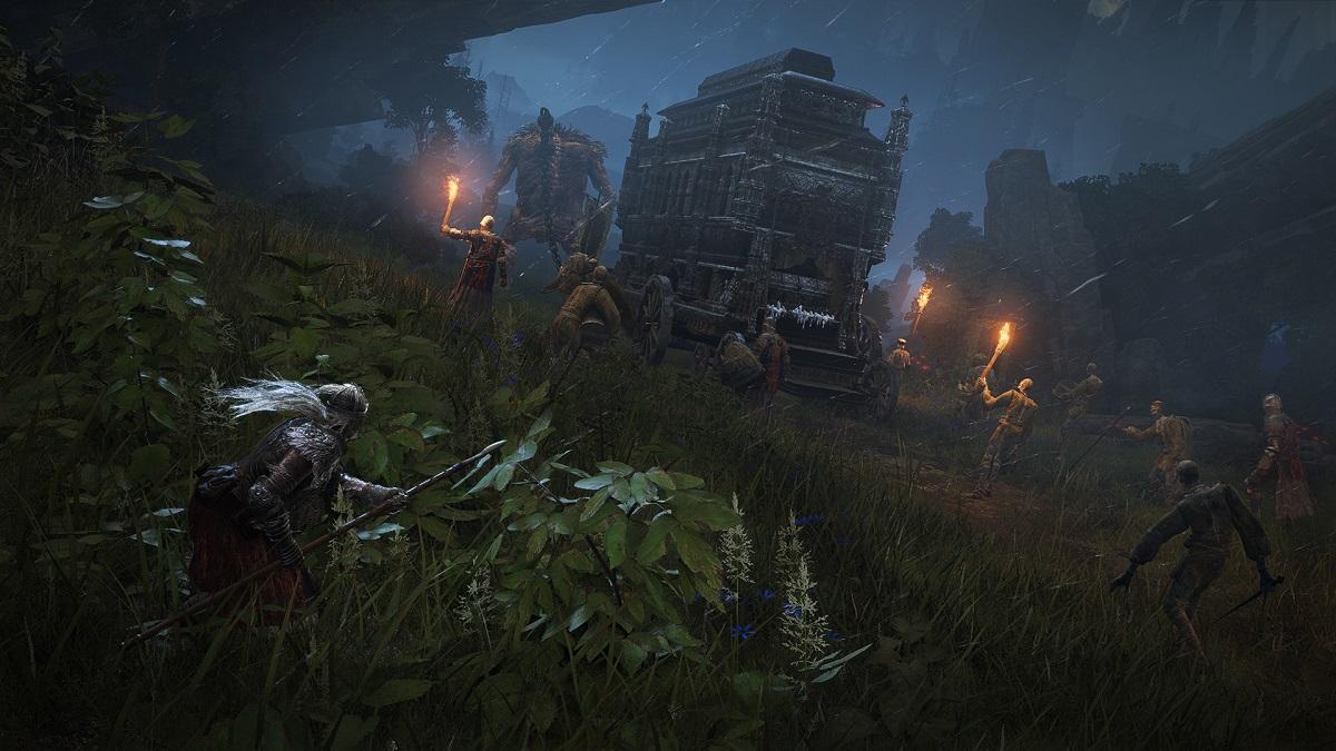 'Elden Ring' Player sneaking in tall grass with a group of enemies nearby at night.