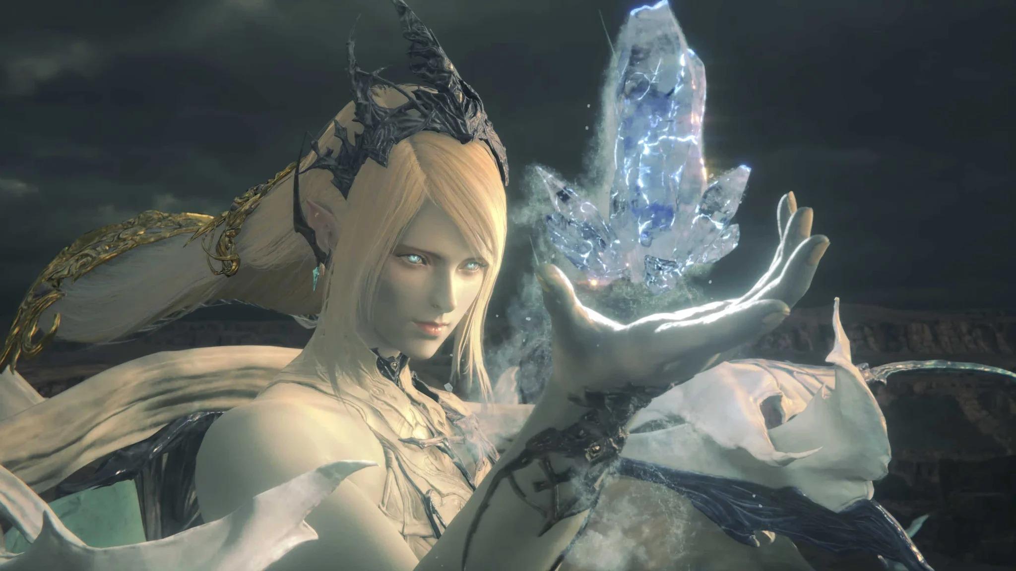 Shiva from Final Fantasy XVI summoning a column of ice in her hand.