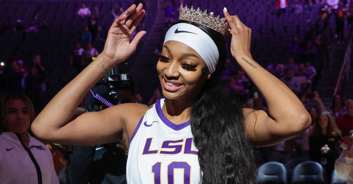 Angel Reese is given a crown as she is introduced before a game during the Naismith Basketball Hall of Fame Series on Nov. 6, 2023 in Las Vegas.