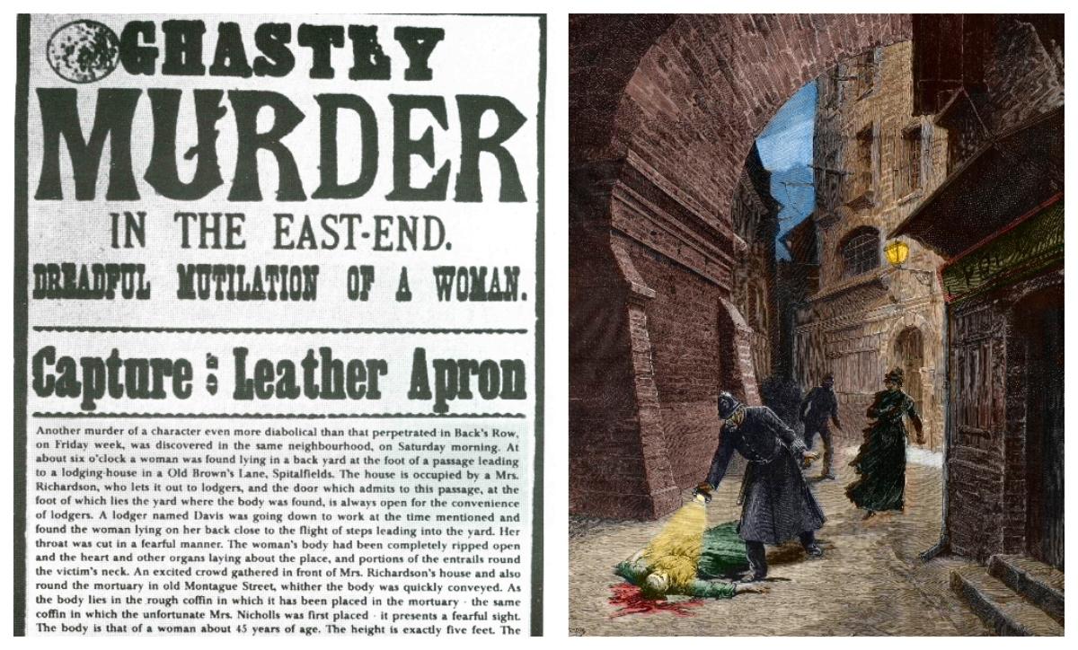 (L-R): Clip from a newspaper about Jack the Ripper; Discovery of a victim of Jack the Ripper, Whitechapel, London,1888 - engraving of Fortune Louis Meaulle 