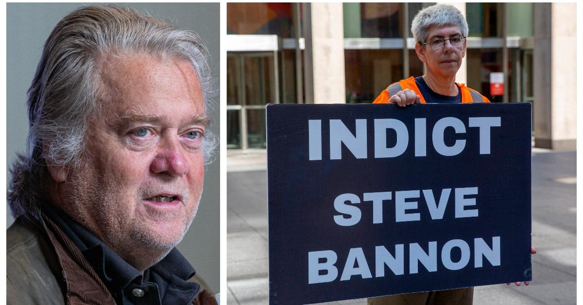 (L-R): Steve Bannon; a protester holding a sign that reads 'Indict Steve Bannon'