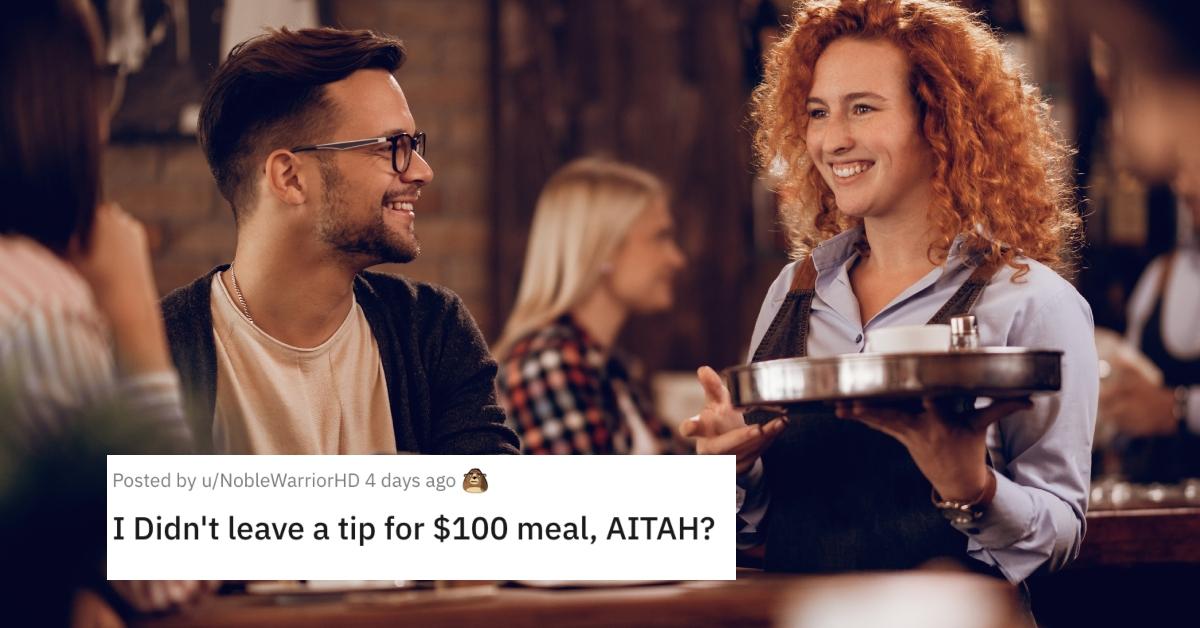 Man smiles at waitress who is holding metal tray; comment from Reddit that says: "I Didn't leave a tip for $100 meal, AITAH?"