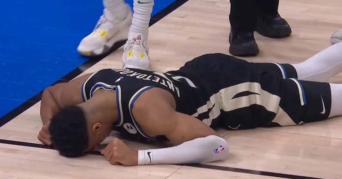 Giannis Antetokounmpo took a hard fall during the Bucks-Heat playoff game on April 16, 2023.