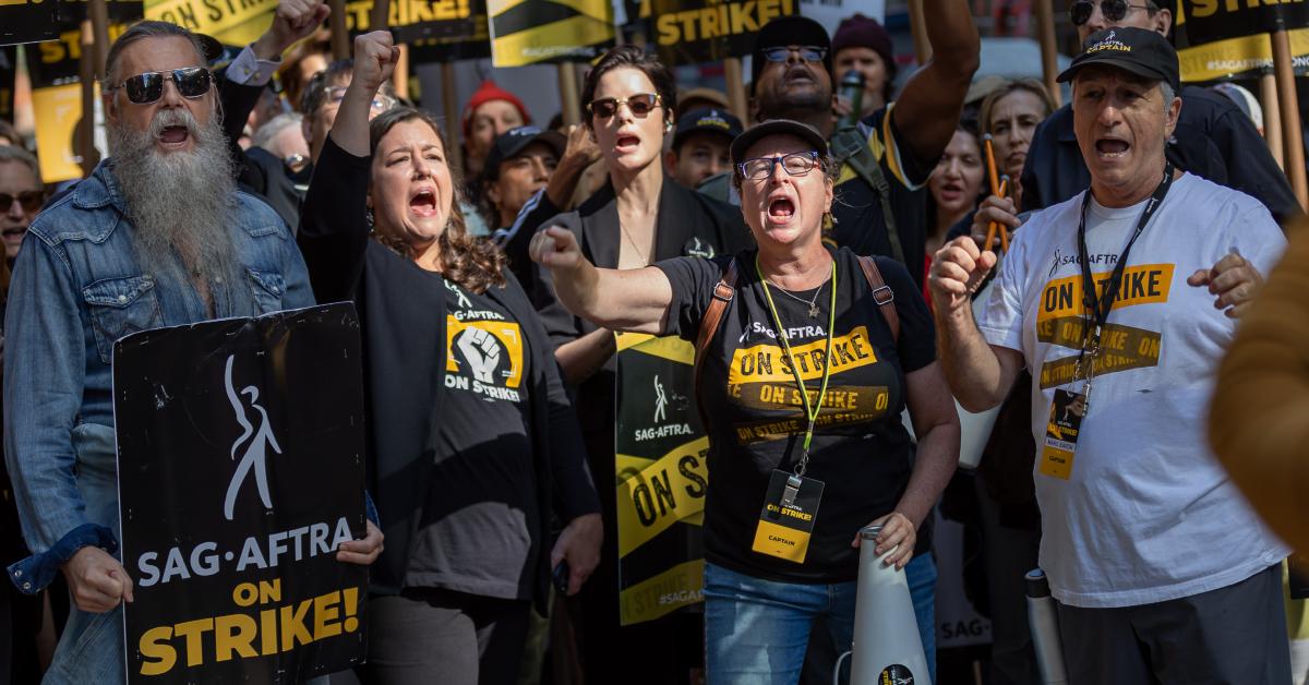 SAG-AFTRA members and supporters striking for better pay and working conditions.