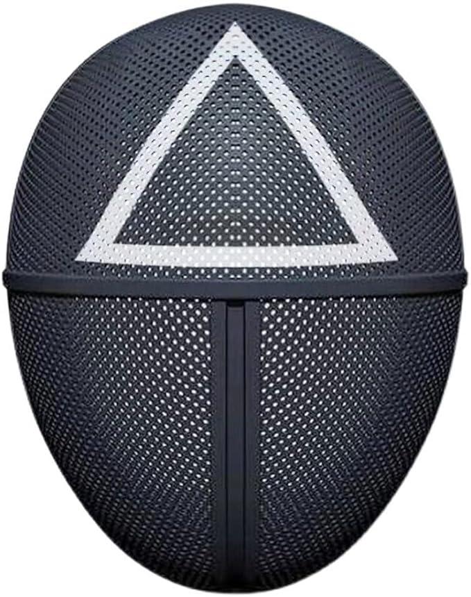 A black mesh mask with a triangle on it