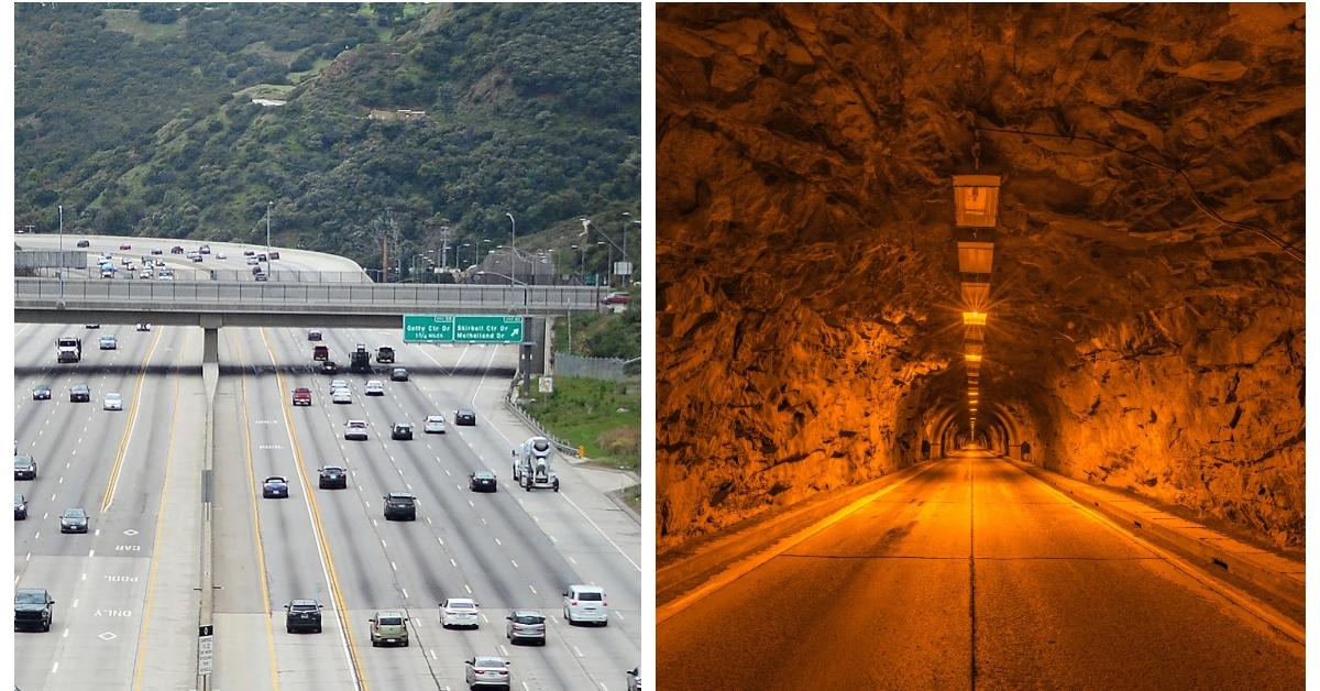 (L-R): The 405 freeway in Los Angeles; underground tunnel