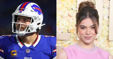 Josh Allen before a game against the Tampa Bay Buccaneers at Highmark Stadium on October 26, 2023 in Orchard Park, New York and Hailee Steinfeld arrives at the 81st Annual Golden Globe Awards at The Beverly Hilton on Jan 7, 2024 in Beverly Hills