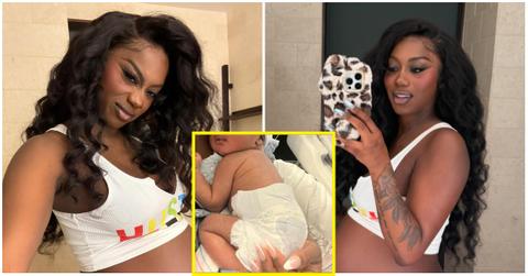 (l-r): Flo Milli pregnant and with her baby