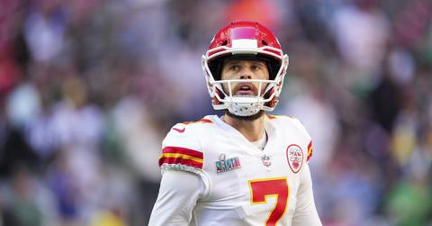 Harrison Butker of the Kansas City Chiefs warms up against the Philadelphia Eagles after Super Bowl LVII at State Farm Stadium on Feb. 12, 2023