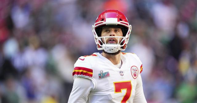 Harrison Butker of the Kansas City Chiefs warms up against the Philadelphia Eagles after Super Bowl LVII at State Farm Stadium on Feb. 12, 2023