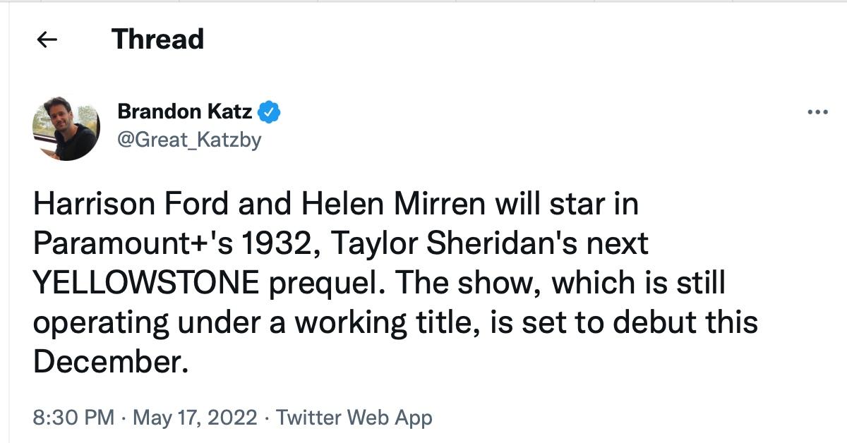 A tweet about Helen Mirren and Harrison Ford appearing in '1932'